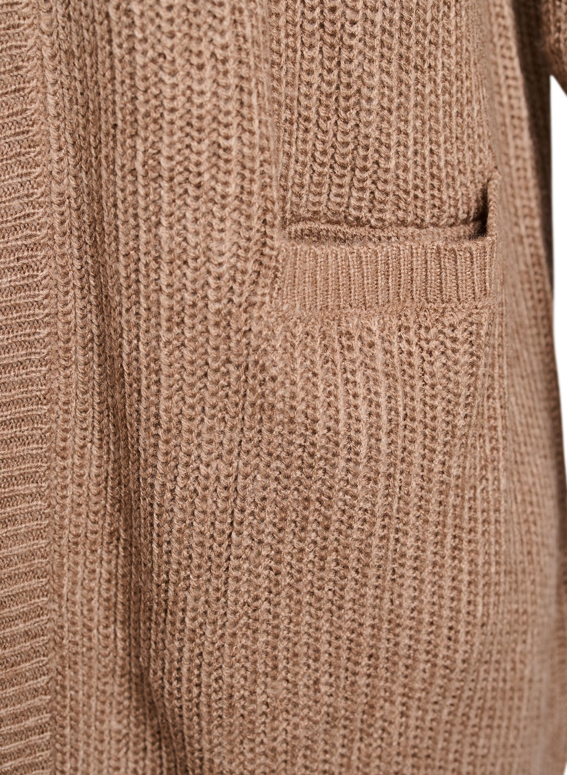 Zizzi FLASH - Lang ribbestrikket cardigan med lommer, Brun, Packshot image number 3