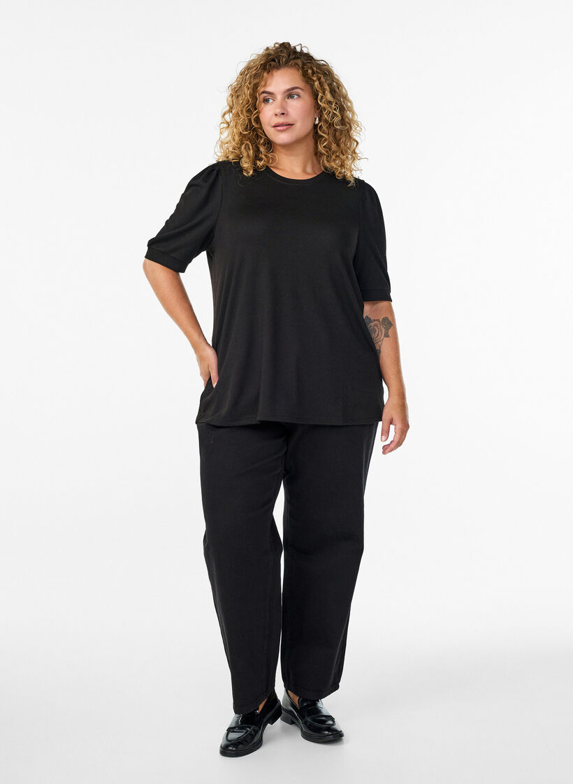 Bluse med knappedetaljer og korte puffermer, Svart, Model image number 1