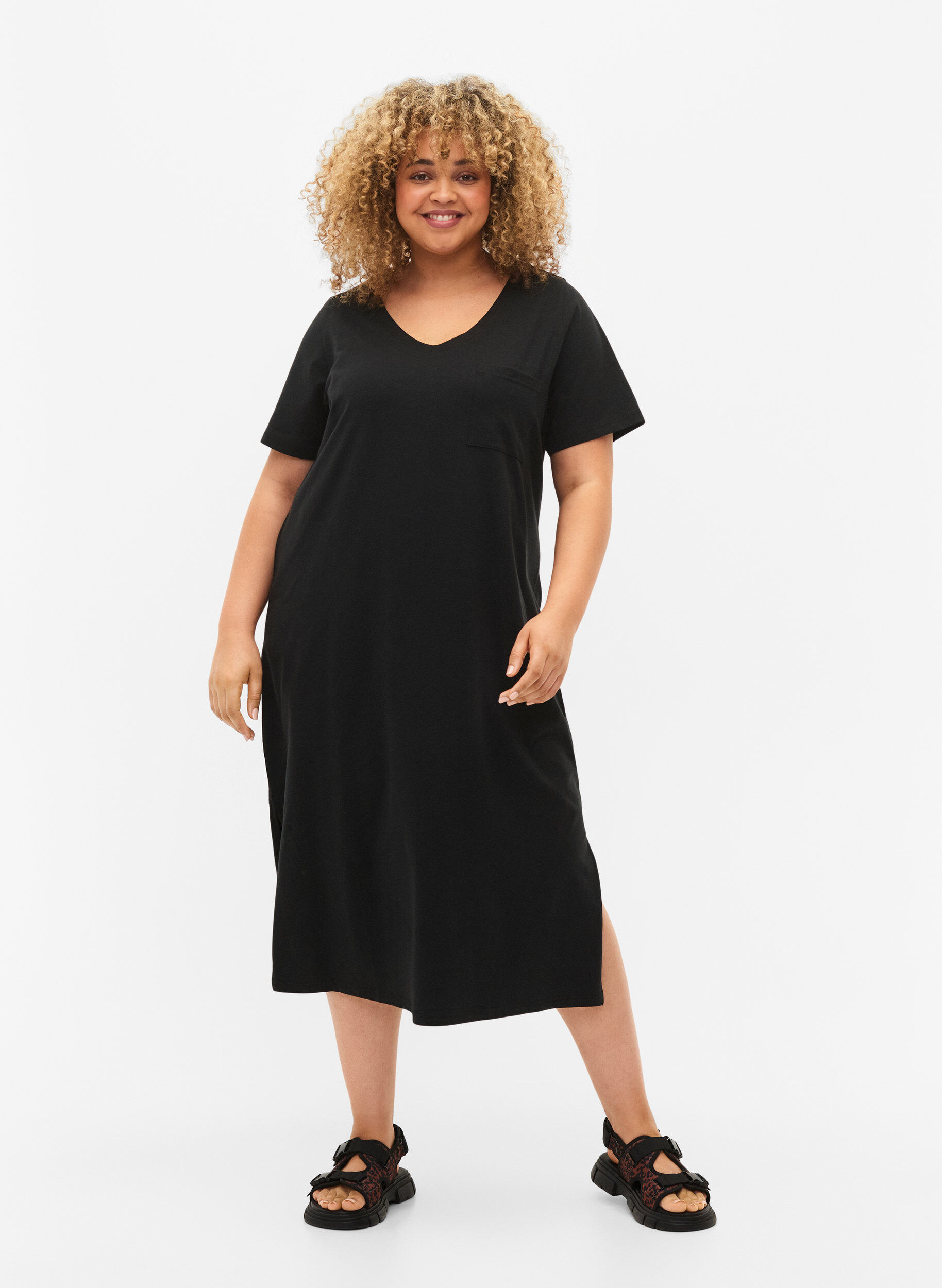 ZizziKortermet kjole i bomull med splitt, Black, Model image number 0