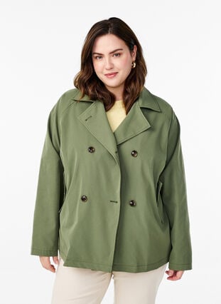 Zizzi Kort trenchcoat med lommer, Grønn, Model image number 0