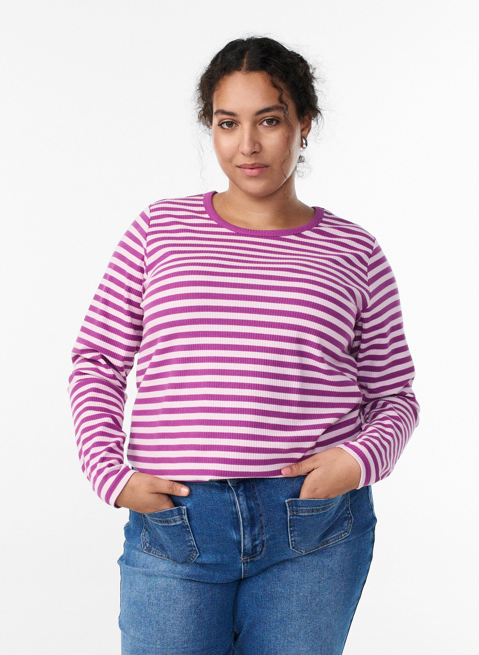ZizziStripete bluse med lange ermer, Lilla, Model image number 0
