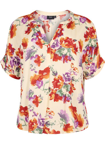 Blomstrete bluse i viskose med korte ermer, Buttercream Vintage, Packshot image number 0
