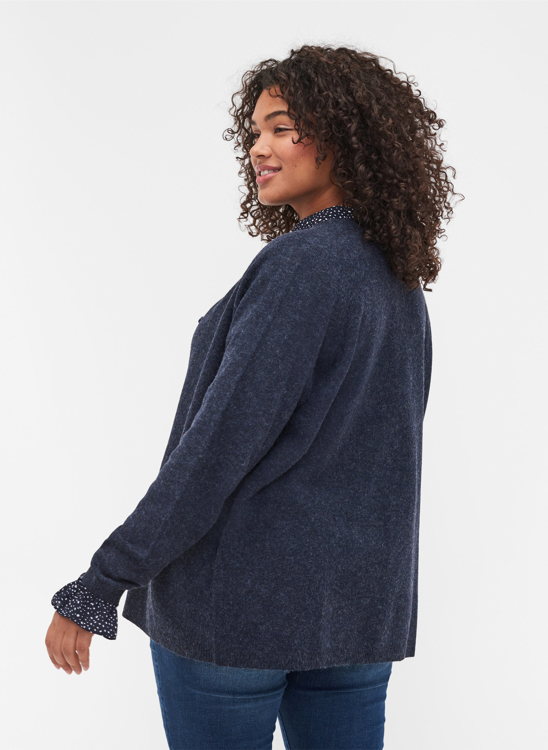 Zizzi Kort melert strikket cardigan med knappelukking, Night Sky Mel., Model image number 1