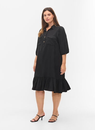 Kjole med volangkant og 3/4-ermer, Black, Model image number 2