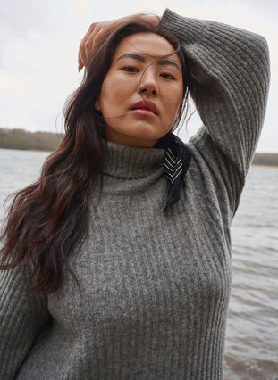 Zizzi Lang strikket kjole med høy hals, Medium Grey Mel., Image image number 1