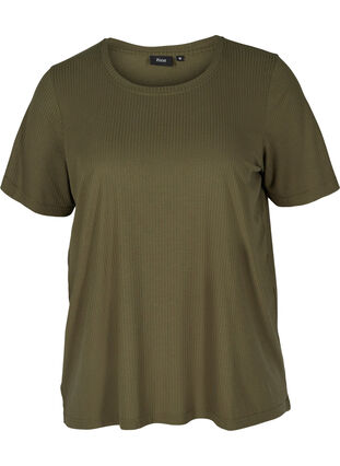 Kortermet T-skjorte i et ribbet materiale, Olive Night, Packshot image number 0