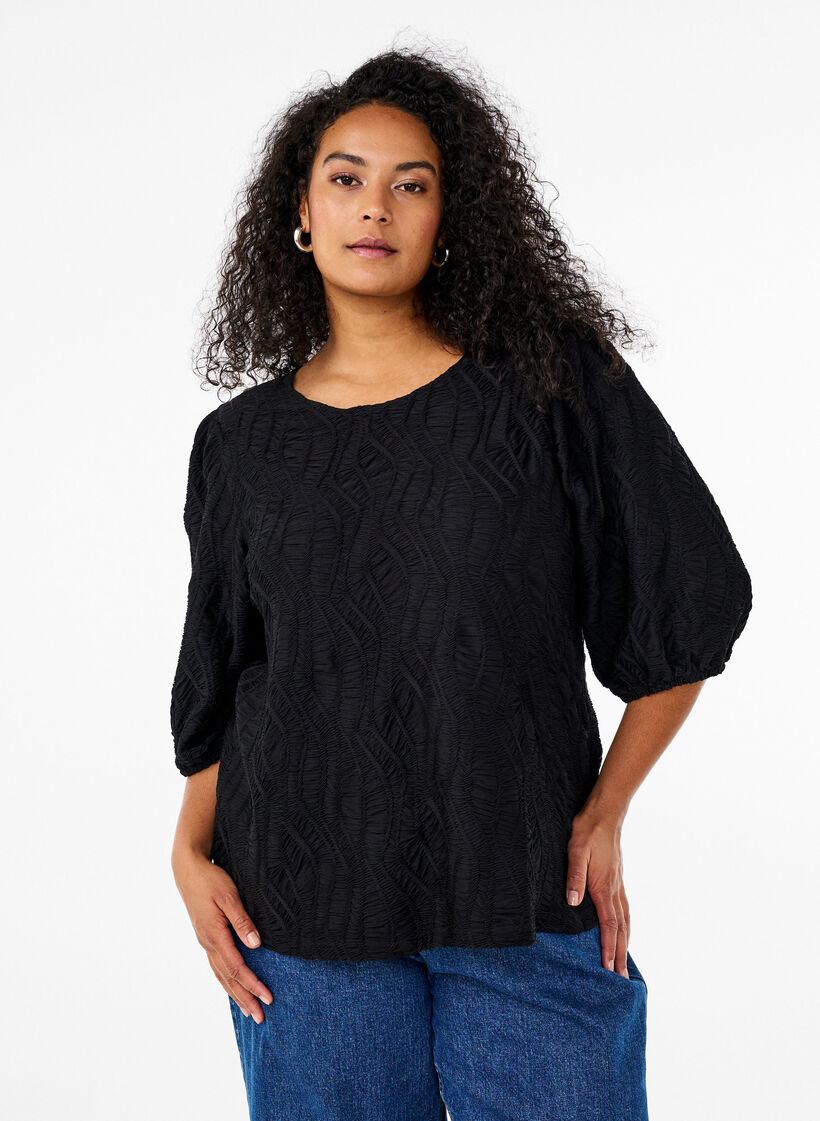Bluse med tekstur og 3/4-ermer, Svart, Model image number 0