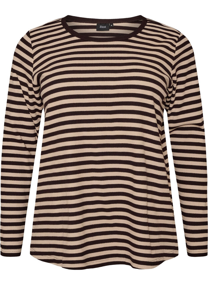 Stripete bluse med lange ermer, Brun, Packshot image number 0