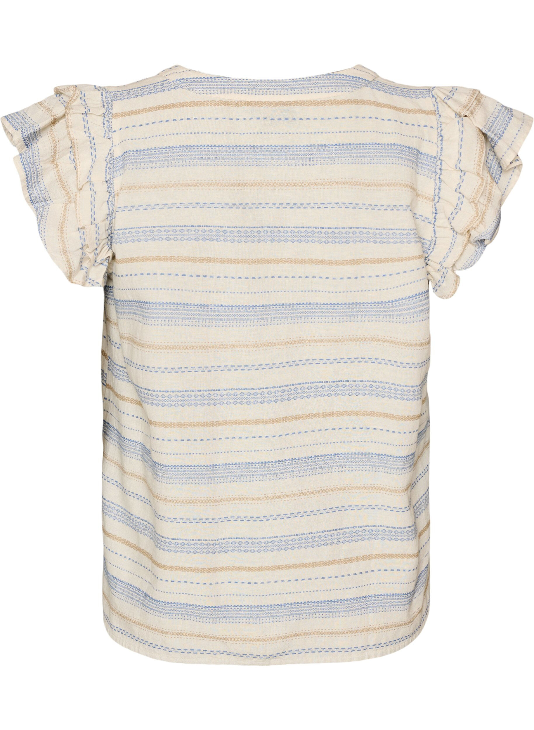 ZizziErmel&oslash;s bluse med volanger og m&oslash;nstrede striper, Vanilje, Packshot image number 1