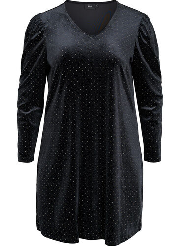 Langermet velourkjole med steiner, Black w. Gold, Packshot image number 0