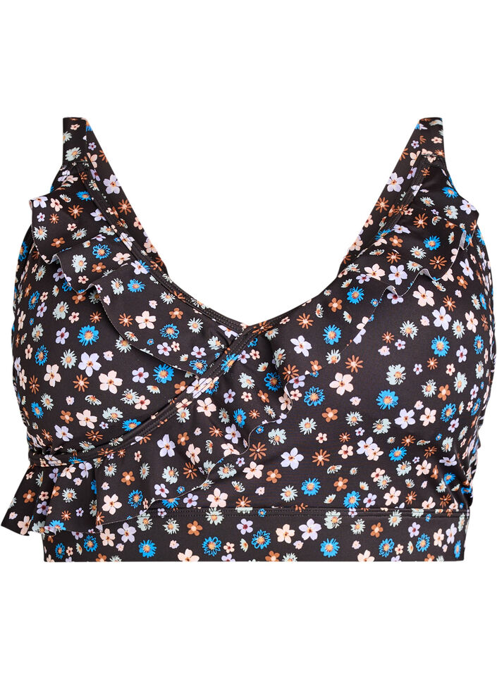 Blomstrete bikinioverdel med volangdetaljer, Brun, Packshot image number 0