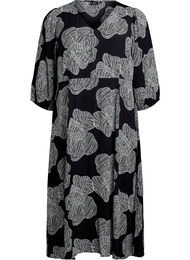 Midikjole med blomsterprint og 3/4 ermer, Black Big Flower AOP