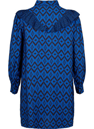 Lang viskoseskjorte med trykk og rysjer, True blue w. Black, Packshot image number 1