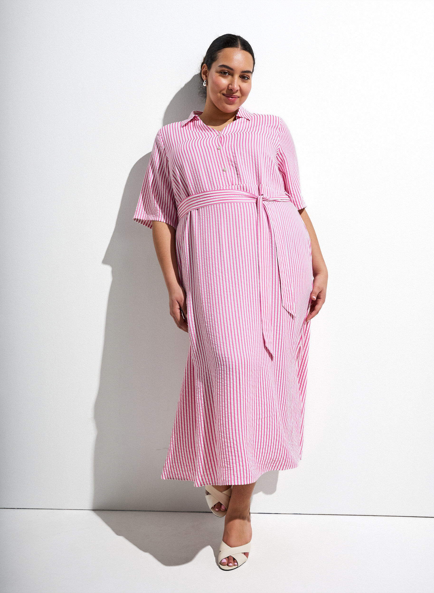 ZizziSkjortekjole i ankellengde med bindebelte og striper, Rosa, Image image number 0
