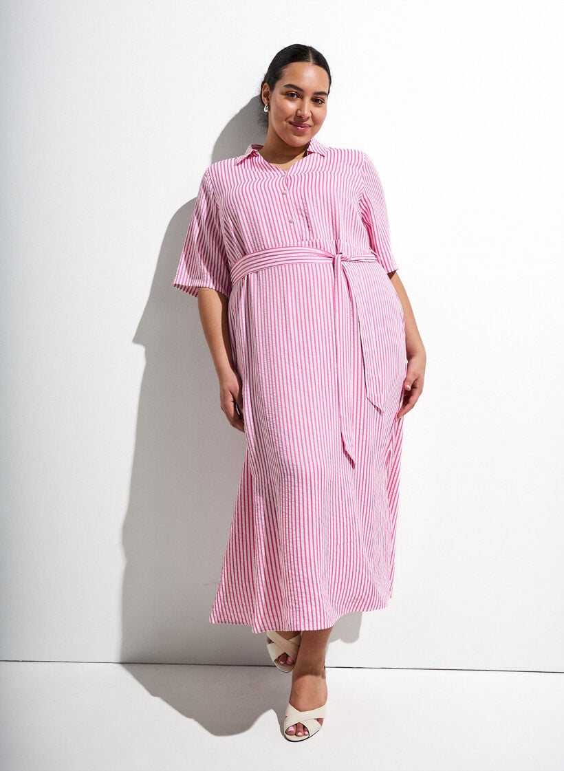 Skjortekjole i ankellengde med bindebelte og striper, Rosa, Image image number 0