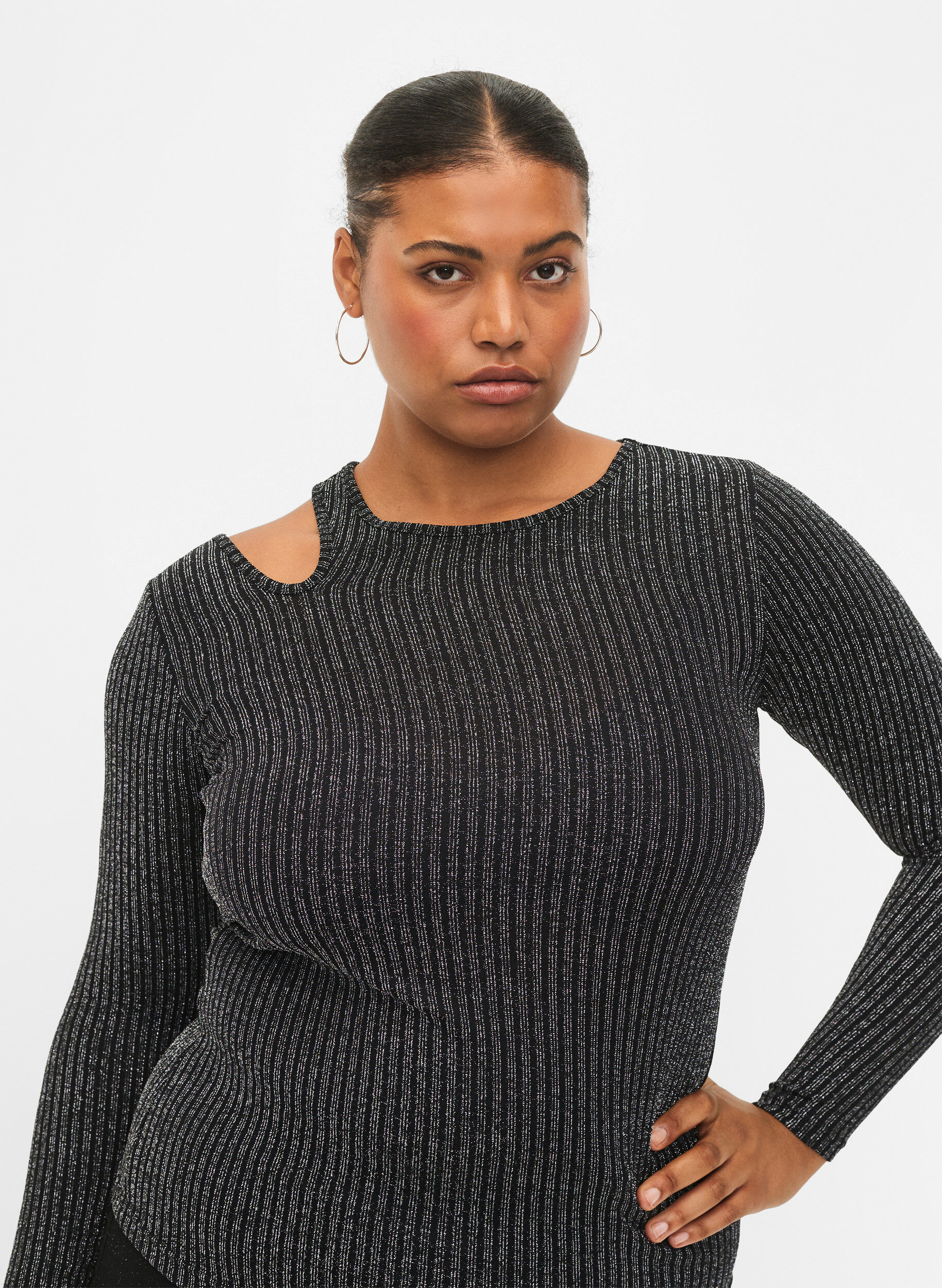 Zizzi Langermet bluse med glitter, B. w. Silver Stripes, Model image number 2