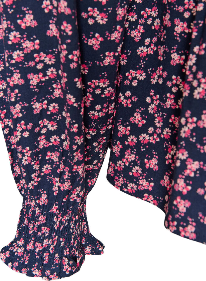 Bluse med smocket topp og blomstertrykk, Bl&aring;, Packshot image number 3