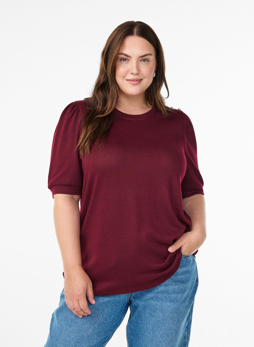 Bluse med knappedetaljer og korte puffermer, M&oslash;rk Bordeaux, Model image number 0