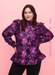Blomstret jacquardbluse med volanger, Dark Blue Pink, Model image number 0