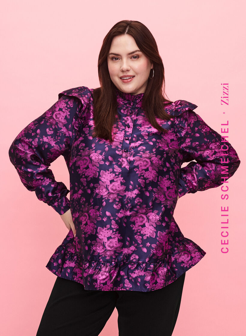 Blomstret jacquardbluse med volanger, Dark Blue Pink, Model image number 0