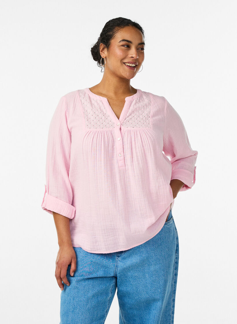 Bluse i bomullsmuslin med broderie anglaise, Rosa, Model image number 0