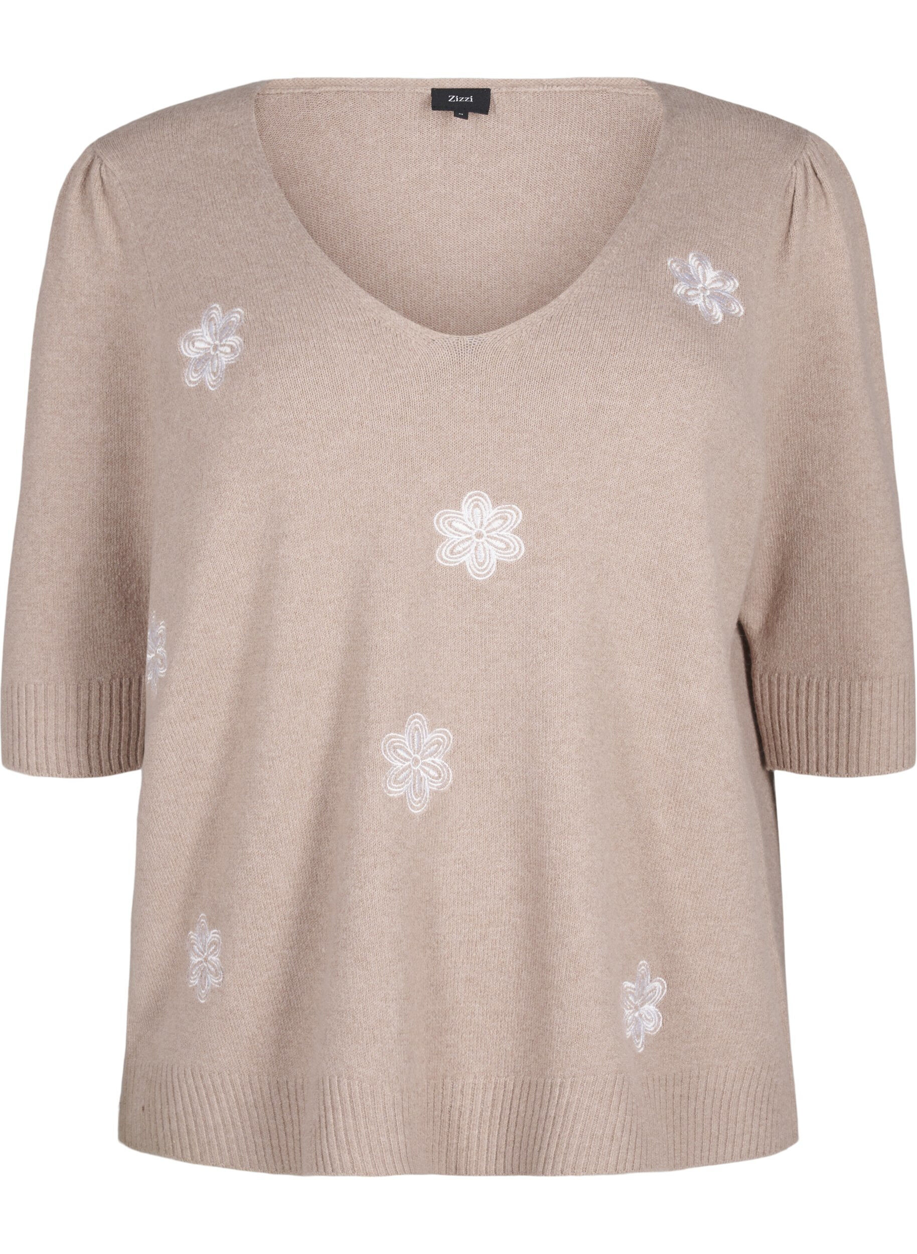 Zizzi Strikket bluse med broderte blomster, Simply Taupe Mel., Packshot image number 0