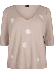 Strikket bluse med broderte blomster, Simply Taupe Mel.