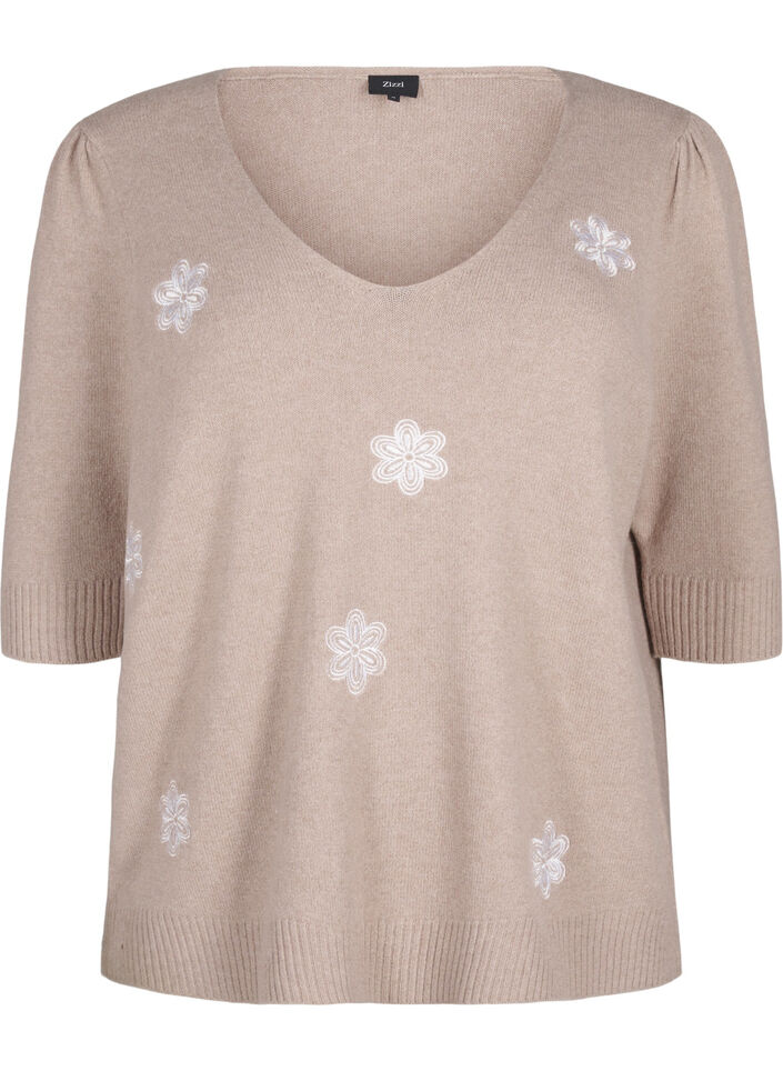Strikket bluse med broderte blomster, Simply Taupe Mel., Packshot image number 0