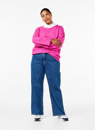 Zizzi Strikket bluse med rund hals og midtsøm, Fuchsia Red Mel., Model image number 2
