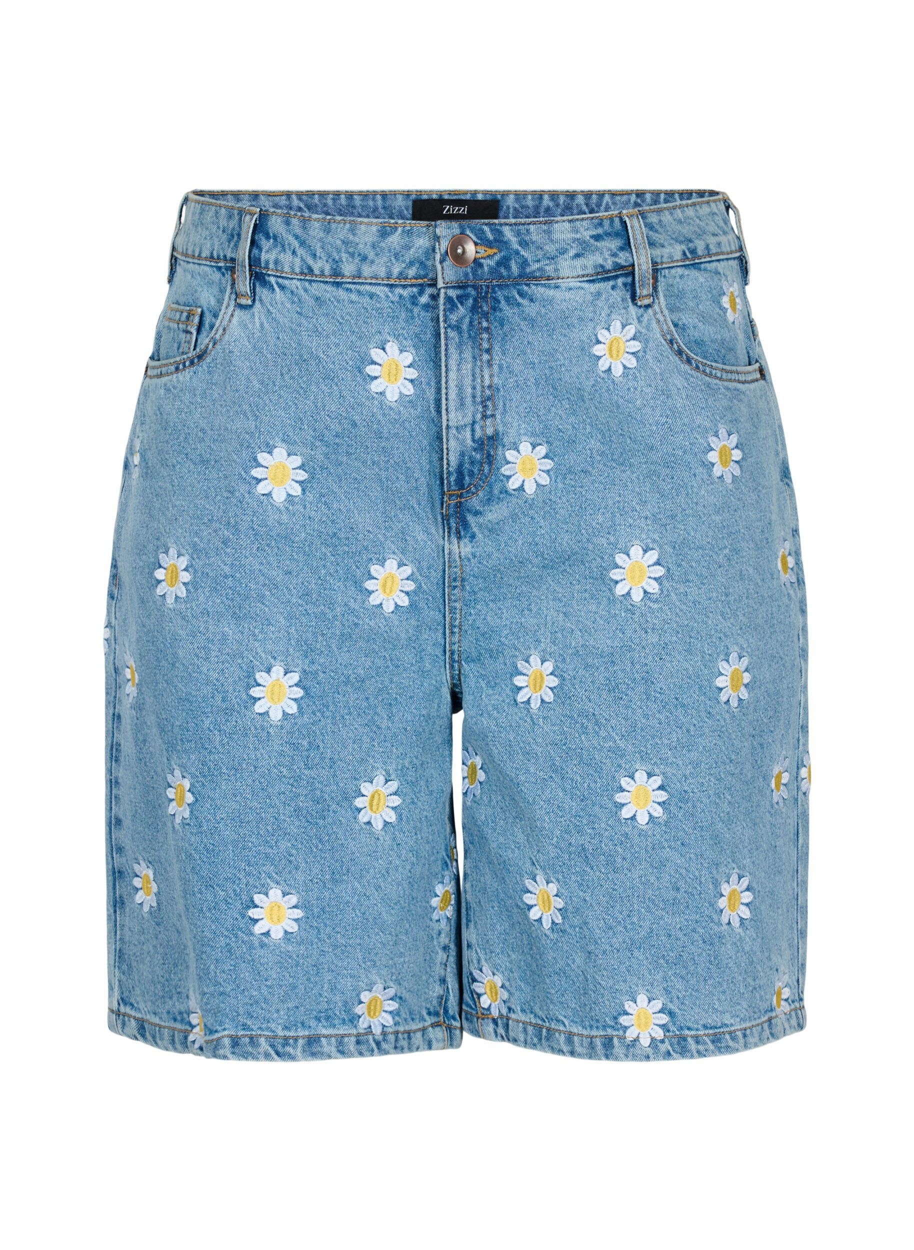 Zizzi Mille shorts med h&oslash;yt liv og broderte blomster , Light Blue Flower, Packshot image number 0