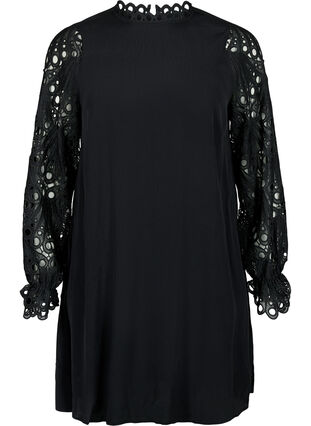 Kjole i viskose med crochet ermer, Black, Packshot image number 0