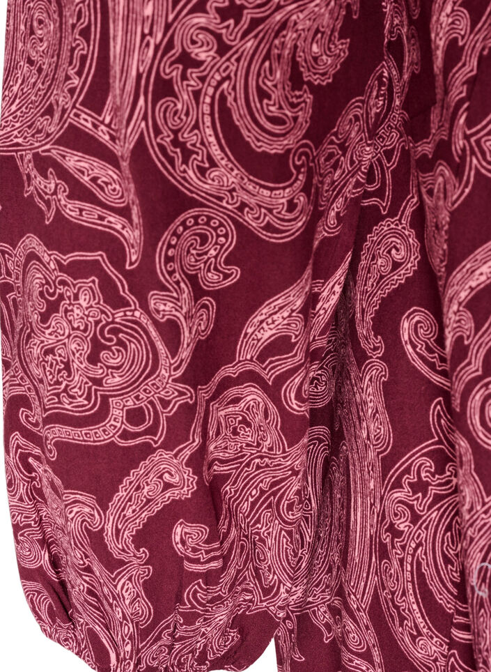 Kort bomullskjole med elastisk fold og lange ermer, M&oslash;rk Bordeaux, Packshot image number 3