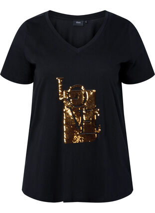 T-skjorte i bomull med paljetter, Black w. Love, Packshot image number 0