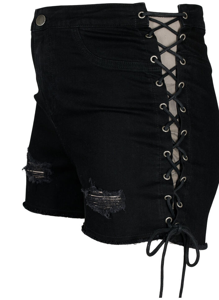 Ripped denimshorts med lisser, Black Denim, Packshot image number 2