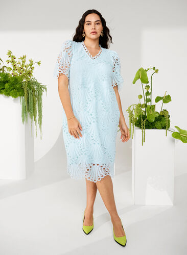 Heklet kjole med korte ermer, Delicate Blue, Image image number 0