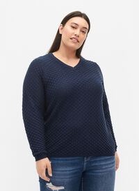 Mønstrete strikkegenser med V-hals, Navy Blazer, Model