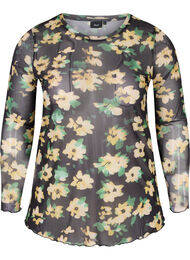 Tettsittende bluse i mesh og blomstermønster, Yellow Green AOP