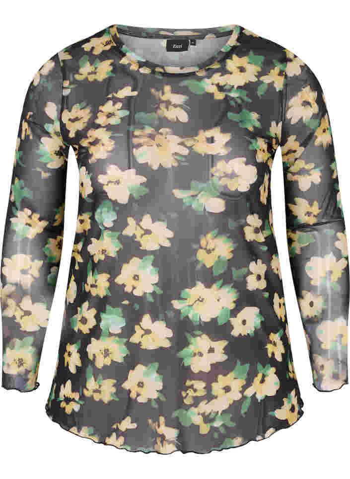 Tettsittende bluse i mesh og blomstermønster, Yellow Green AOP, Packshot image number 0