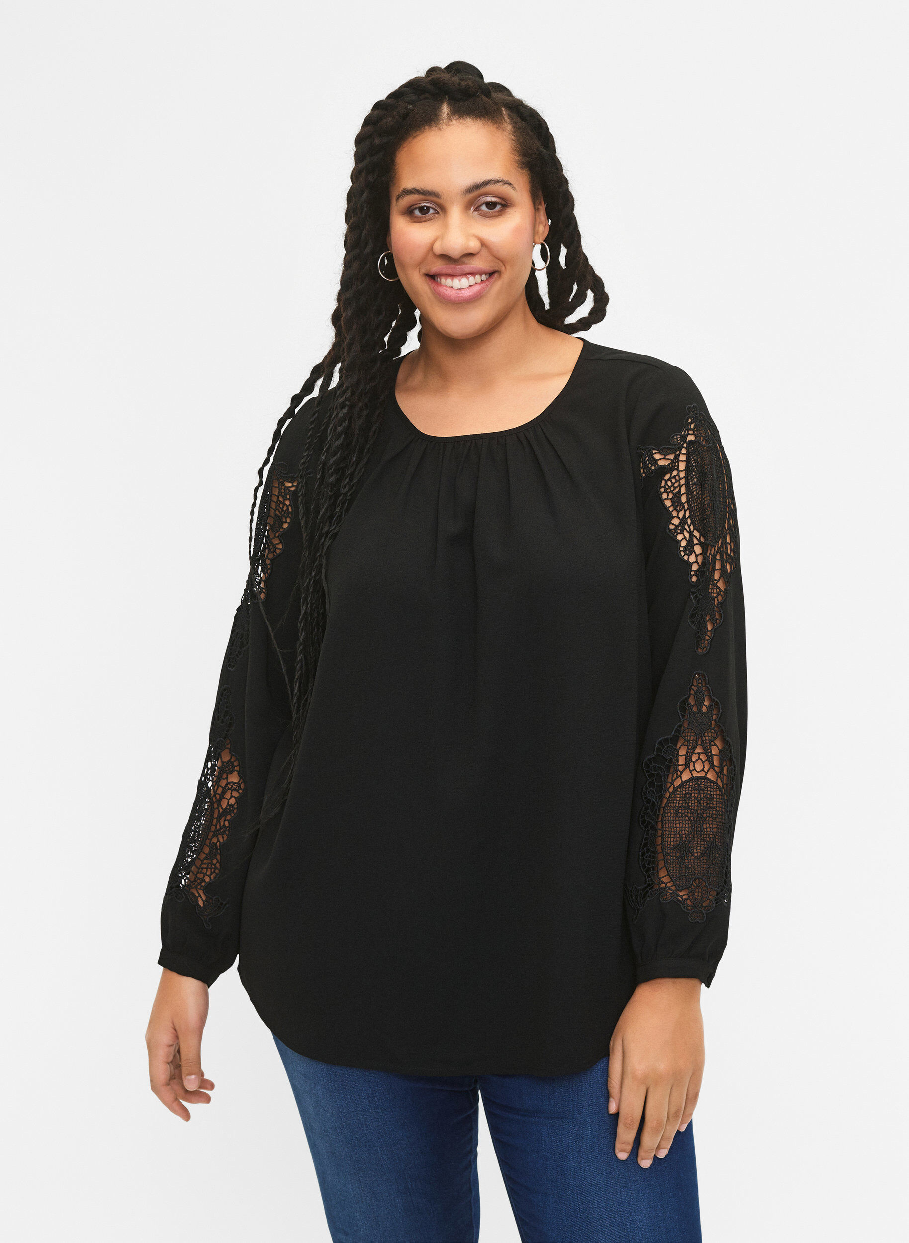 Zizzi Bluse med lange ermer og heklede detaljer, Black, Model image number 0