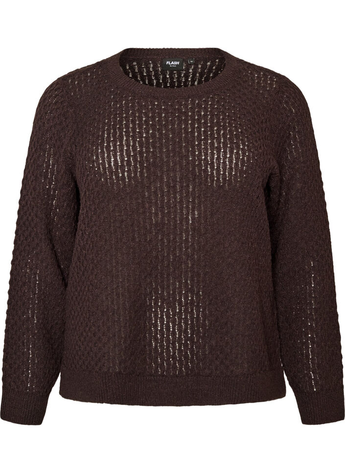 Strikkebluse med strukturert hullm&oslash;nster, Brun, Packshot image number 0