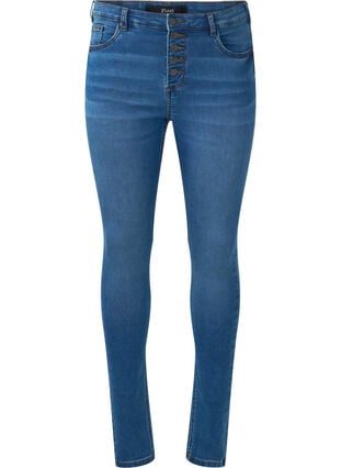 Zizzi Amy-jeans med høyt liv og knappelukking, Blue Denim, Packshot image number 0