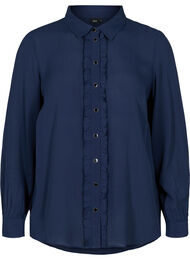 Viskoseskjorte med knappelukknig og volangdetaljer, Navy Blazer