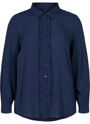 Viskoseskjorte med knappelukknig og volangdetaljer, Navy Blazer, Packshot image number 0