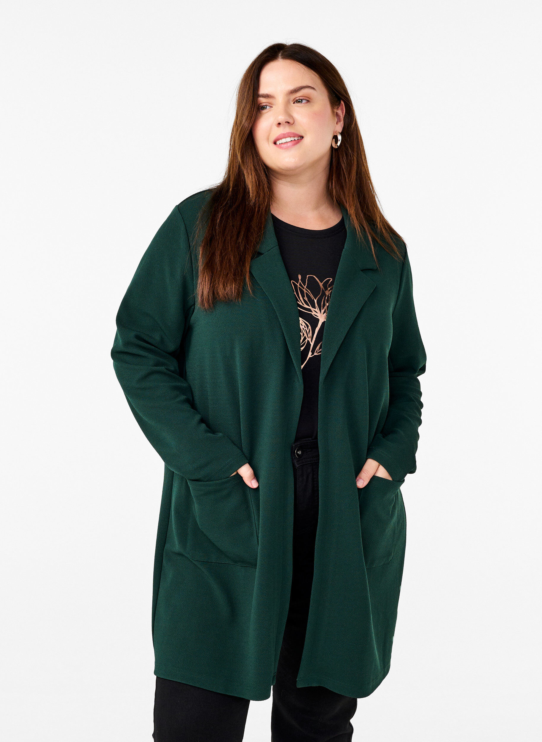 Lang blazer med lommer, Gr&oslash;nn, Model