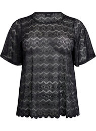 Blondebluse med korte ermer og bølget faldkant, Black