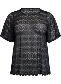 Blondebluse med korte ermer og bølget faldkant, Svart Blondebluse med korte ermer og bølget faldkant