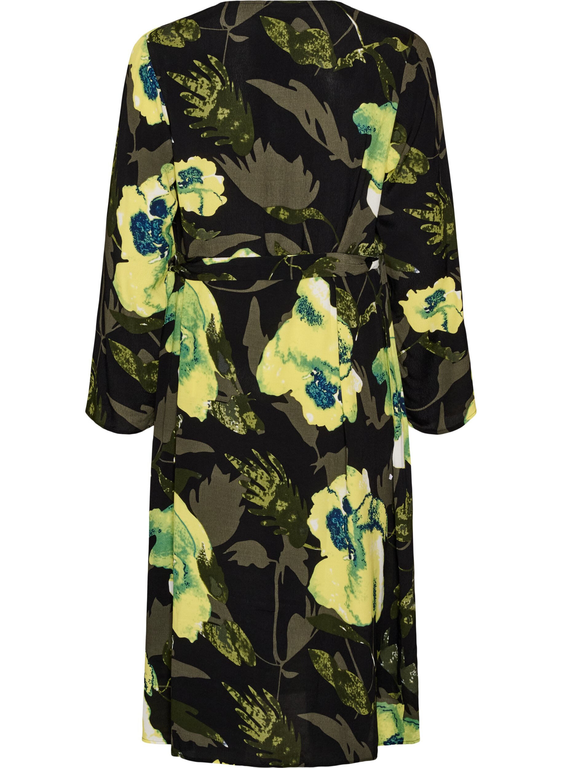 ZizziOmslagskjole med blomster i viskose med et knytebelte, Svart, Packshot image number 1
