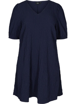 Strukturert kjole med A-form og puffermer, Evening Blue, Packshot image number 0