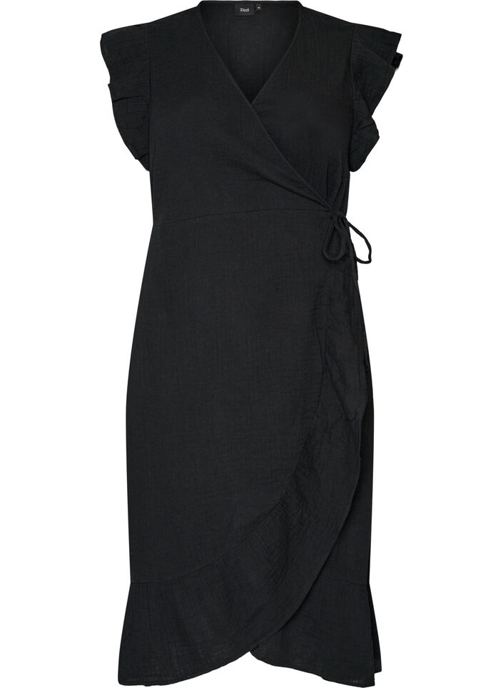 Omslagskjole i bomullsmusselin med rysjer, Svart, Packshot image number 0