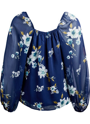 Zizzi Chiffonbluse med blomstertrykk og lange ermer, Blå, Packshot image number 1